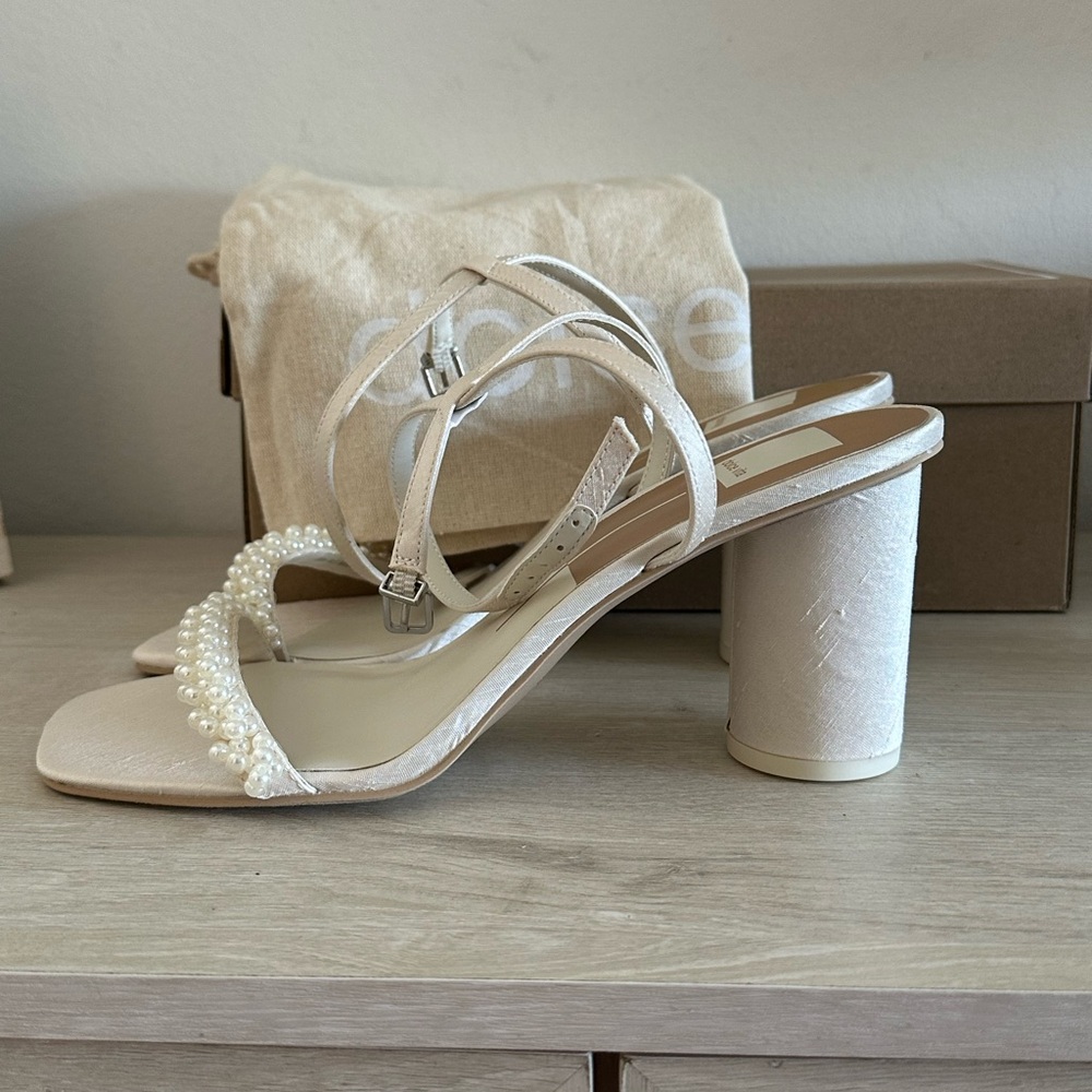 Satin Ivory Strappy Heels with Pearl Detail
